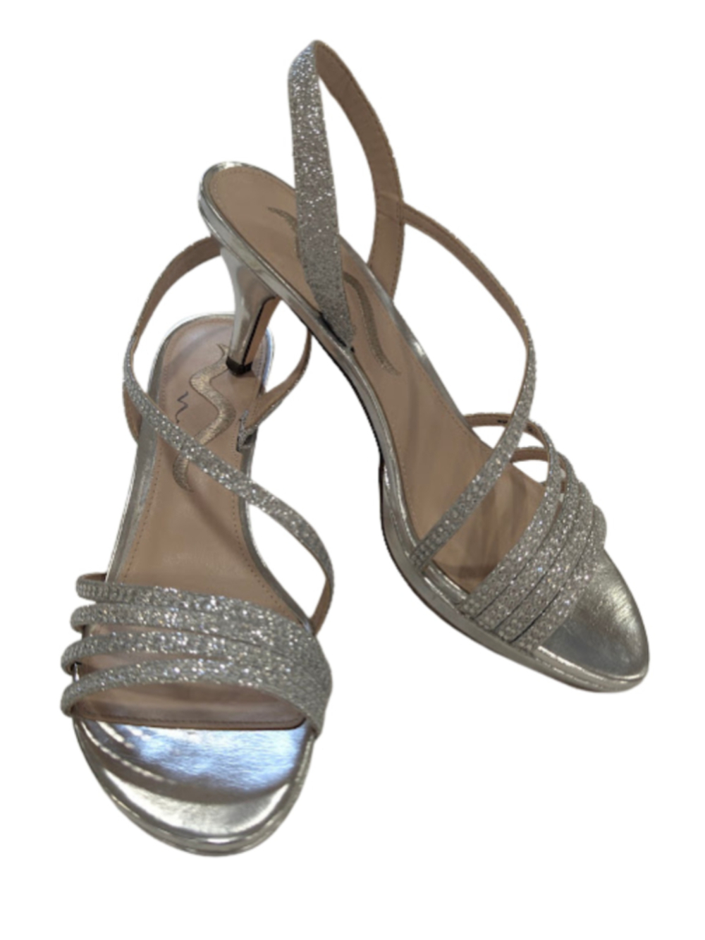 Nina Silver Glitter Strappy Heels 8 Metallic Evening Sandals Y2K Party Prom